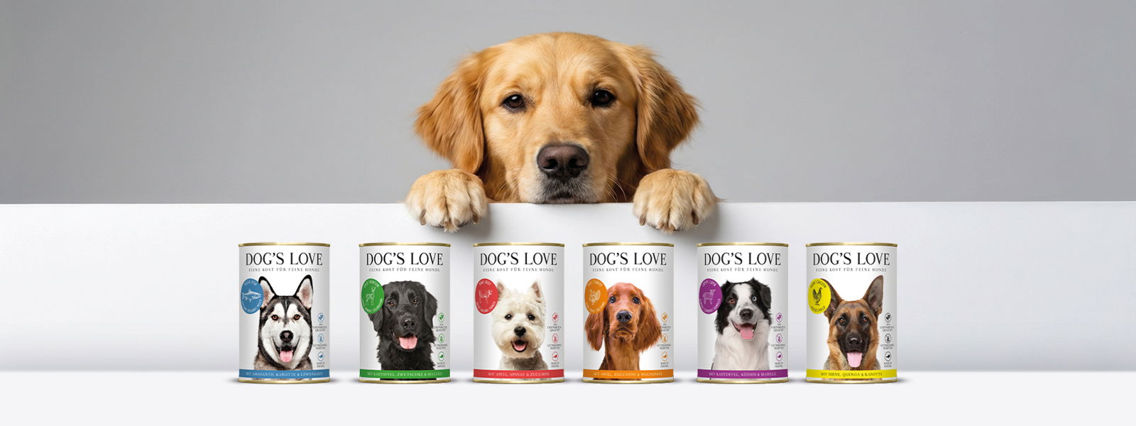 Hunde-Nassfutter Sortiment Dosen von vorne mit einem Hund