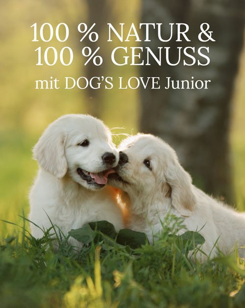 Welpen auf einer Wiese mit Text: 100% Natur & 100% Genuss mit DOG'S LOVE Junior