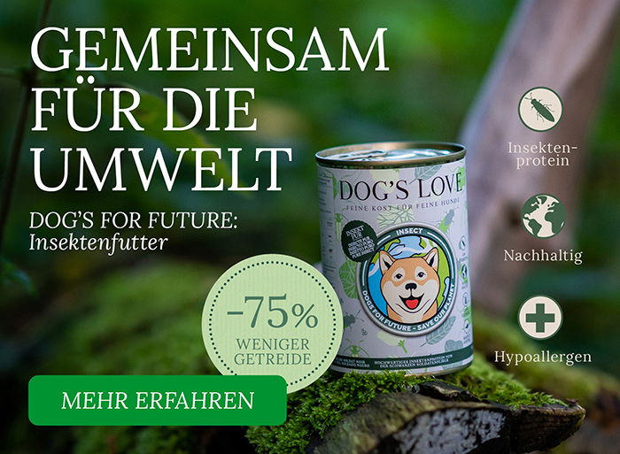 3 Dog's Love Insect Hundefutter mit den Informationen: Insektenprotein, Nachhaltig & Hypoallergen und 75% weniger Wasser