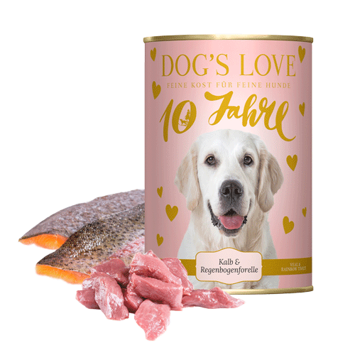 DOG'S LOVE Jubiläums Nassfutterdose umgeben von Kalb und Regenbogenforelle