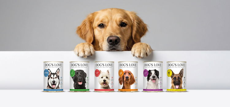 Hunde-Nassfutter Sortiment Dosen von vorne mit einem Hund