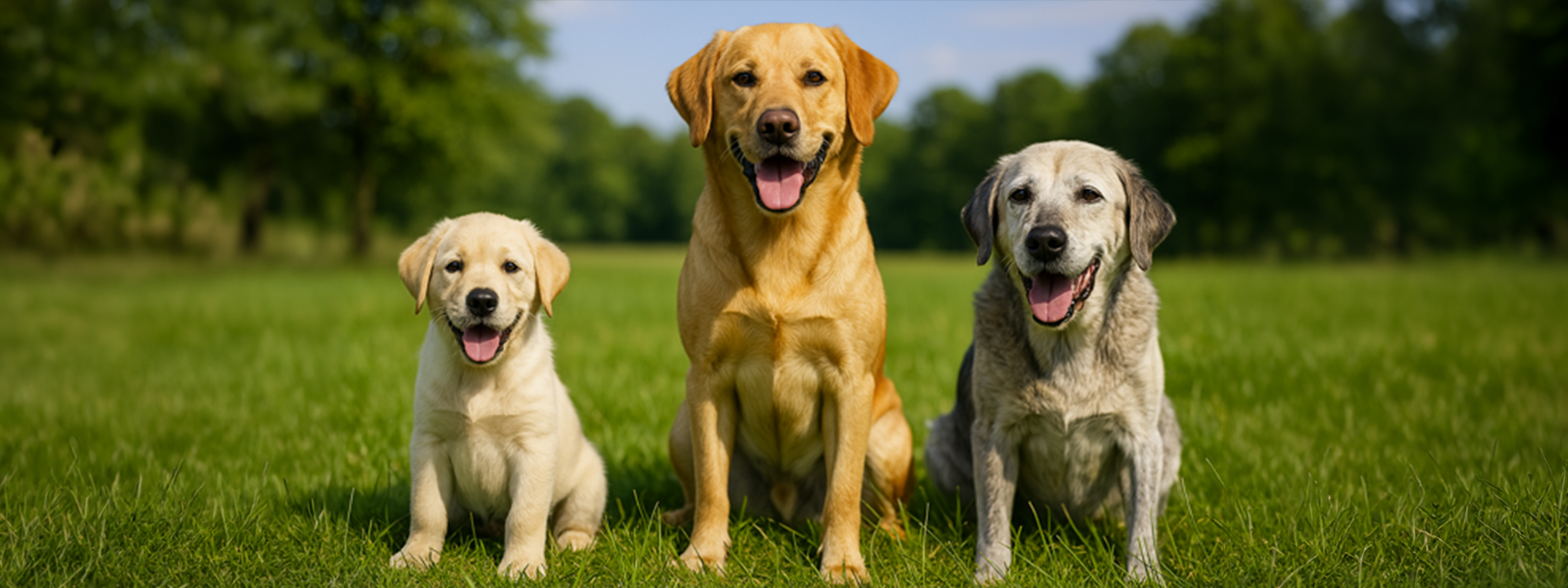 Drei Hunde in verschiedenen Lebensphasen sitzen nebeneinander
