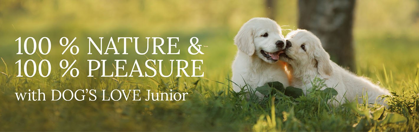 Puppies in a meadow with text: 100% Nature & 100% Indulgence with DOG'S LOVE Junior