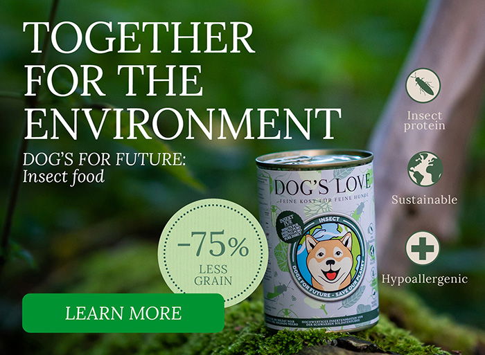 Banner with DOG'S LOVE Insect varieties, containing the following information: Insect Protein, Sustainable & Hypoallergenic and the information -75% less water.