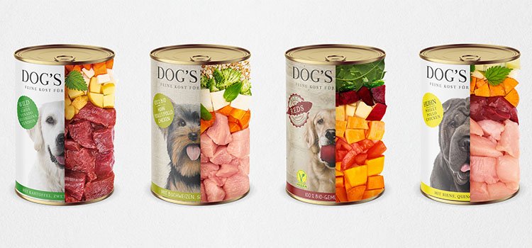 Latas de comida húmeda DOG'S LOVE con la mitad de la lata mostrando la cantidad de carne y otros contenidos.