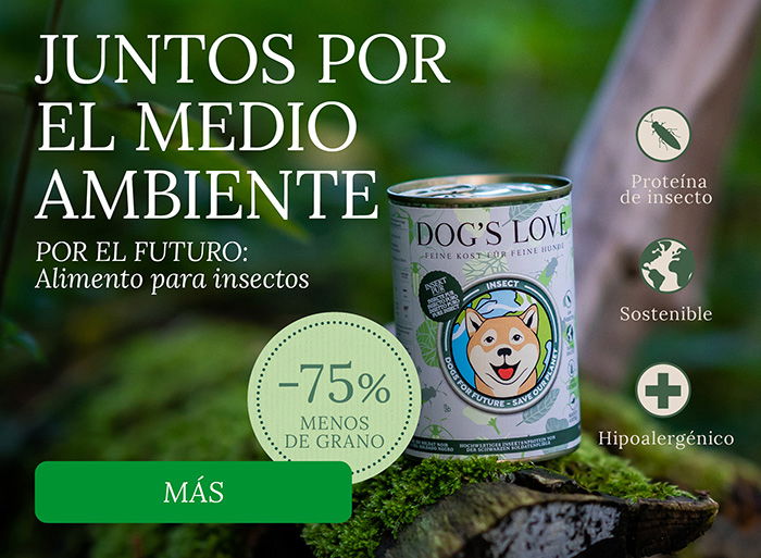 Banner con las 3 variedades de DOG'S LOVE Insect, con la siguiente información: Proteína de Insecto, Sostenible e Hipoalergénico y la información -75% menos de agua.