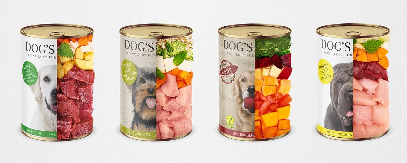 Les boîtes d'aliments humides DOG'S LOVE dont la moitié de la boîte indique la quantité de viande et d'autres contenus.