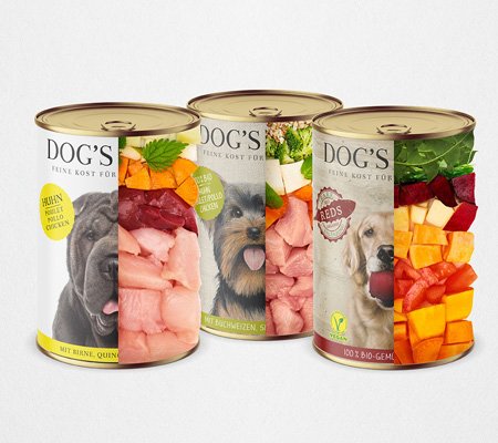 3 boîtes de DOG'S LOVE ouvertes à moitié et dont on peut voir exactement les ingrédients de la boîte 