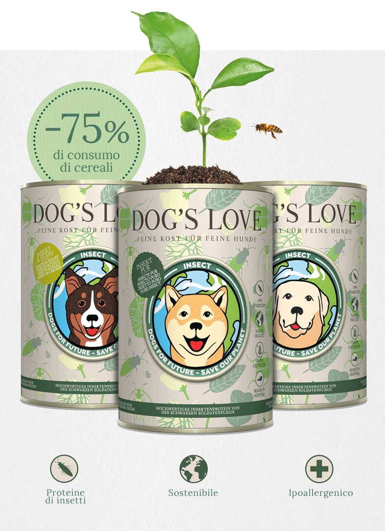 Banner con tutte e 3 le varietà di insetti DOG'S LOVE, contenente le seguenti informazioni: Proteine di insetti, Sostenibile e Ipoallergenico e l'informazione -75% di acqua in meno.