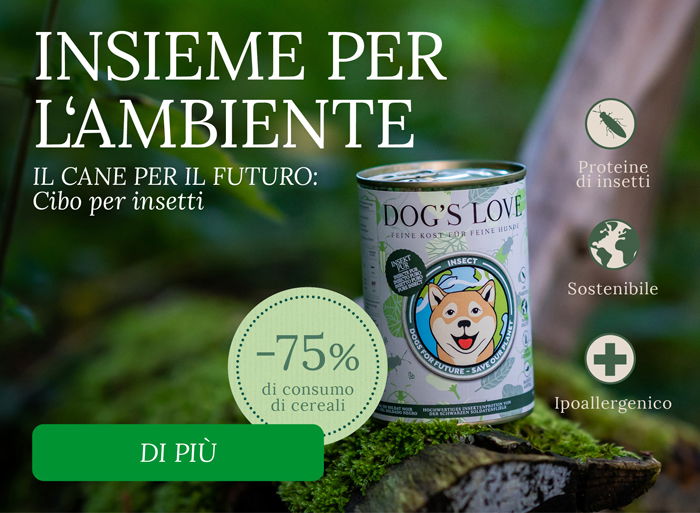 Banner con tutte e 3 le varietà di insetti DOG'S LOVE, contenente le seguenti informazioni: Proteine di insetti, Sostenibile e Ipoallergenico e l'informazione -75% di acqua in meno.